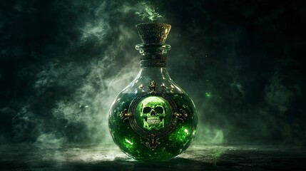 Witch's potion bottle with a skull label, glowing green liquid inside