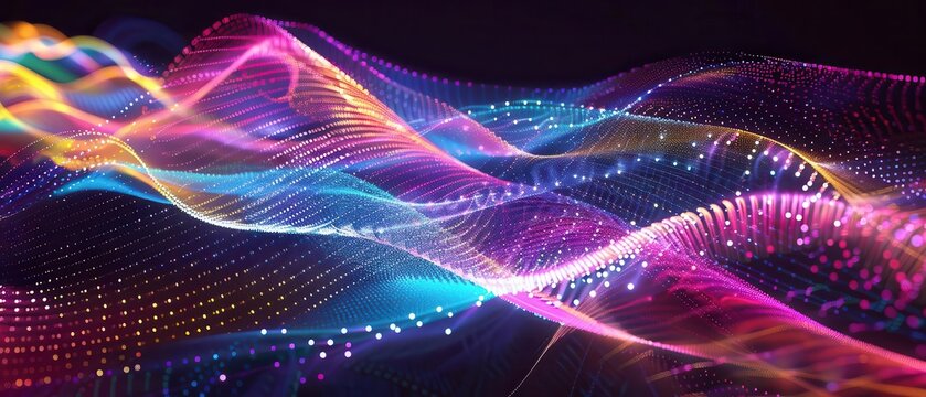 An infinite wave of colorful sound particles moving in a continuous loop, representing music and energy, infinity, dynamic flow