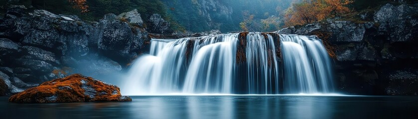 Fototapeta premium A waterfall of liquid colors cascading over a fantastical, otherworldly landscape, symbolizing creative flow