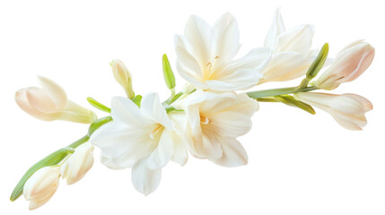 Fototapeta premium Delicate white flowers on a green stem, isolated on a white background. transparent background