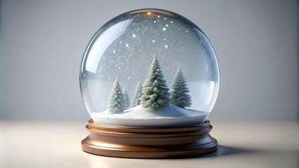 Christmas snow globe with snow falling over a pine tree is standing on white background with copy space