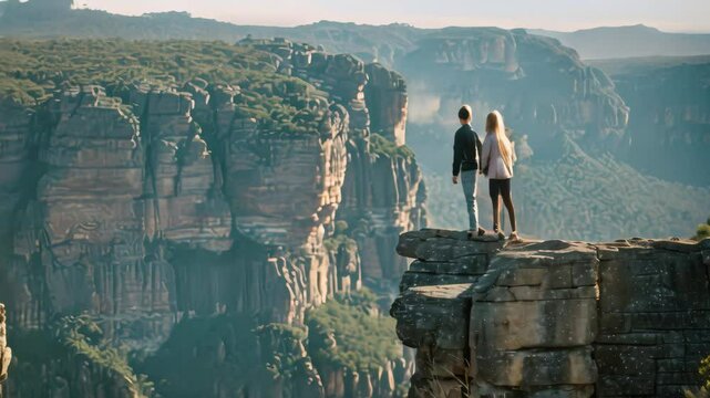 Couple embracing on a cliff edge, celebrating a surprise marriage proposal with a scenic backdrop of mountains and valleys, A surprise marriage proposal in a scenic location