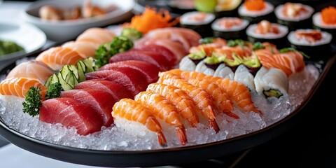 A luxurious seafood and sushi buffet with beautifully arranged platters of sashimi, nigiri, and tempura shrimp, complemented by decorative ice sculptures