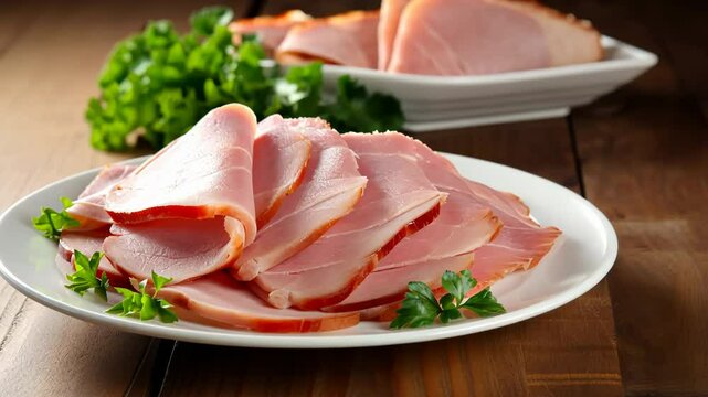 Thinly sliced ham arranged on white plate with fresh parsley garnish. Close-up of cured meat platter showcasing texture and color. Appetizing charcuterie presentation for culinary content
