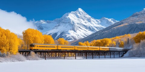 Yellow Train Crossing Mountain Bridge in Winter Landscape