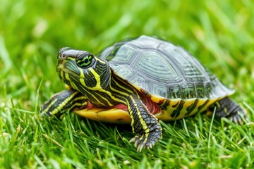 Fototapeta premium Vibrant turtle in lush green grass basking in sunlight