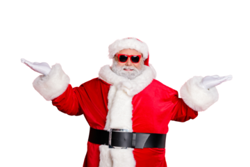 Portrait of handsome cool funny santa claus with eyeglasses holding newyear ads promo  wearing black belt cap isolated over red  background