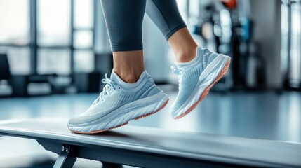 Naklejka premium Womanâ€™s foot landing on a springboard, focus on toes and motion, bright gymnasium lighting