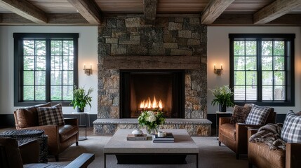 Fototapeta premium A living room with a fireplace and a large stone mantle. The room is furnished with a couch, two chairs, and a coffee table. The fireplace is lit, creating a warm and inviting atmosphere