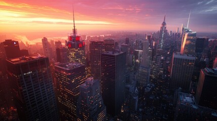 cityscape featuring towering skyscrapers, with no people in sight, under a vibrant sunset sky