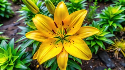 Obraz premium Top view of vibrant yellow garden lilies with green leaves in a garden