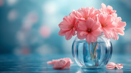Pink flowers arranged inside a glass vase on a table, set against pastel blue wallpaper. The image is clean and delicate, with ample copy space