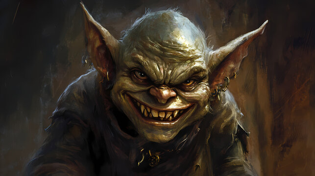 Evil smiling goblin in a fantasy story. Goblin. Illustration