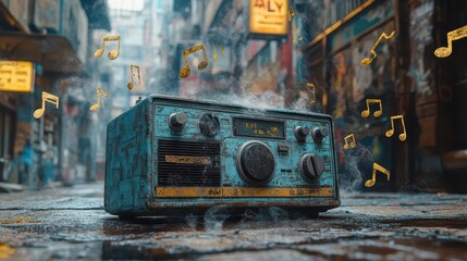 nostalgic scene of vintage boombox in graffiticovered urban alley surrounded by ghostly musical notes