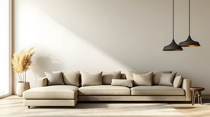 Inviting and stylish contemporary living room with a plush L shaped sectional sofa muted color palette with touches of accent colors clean lines and a minimalist aesthetic modern pendant lighting