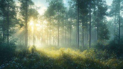 Fototapeta premium Sunbeams illuminate a misty forest with tall pine trees and wildflowers.