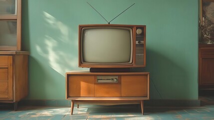 nostalgic scene of vintage television set against plain backdrop retro design with wood paneling and antenna blank screen invites imagination of past broadcasts