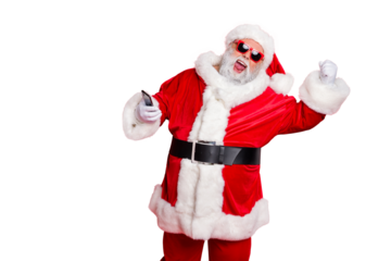 Portrait of crazy santa claus in hat using cell phone device raising fists screaming yes having newyear party wearing belt eyewear eyeglasses isolated over red background