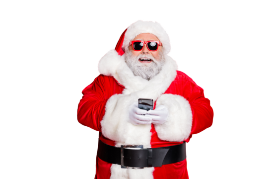 Close-up portrait of his he cheerful cheery glad funky fat overweight plump gray-haired bearded man using 5g app browsing blog smm isolated over bright vivid shine red background