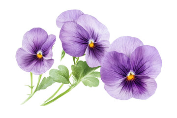 Obraz premium Purple pansy flowers green leaves white isolate background. transparent background
