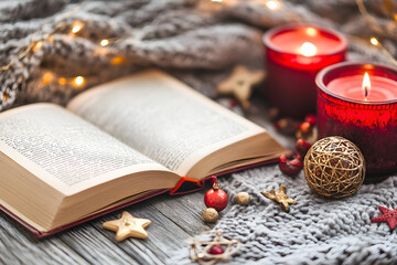 Fototapeta premium Open book on a cozy blanket with Christmas decorations and candles, creating a warm and festive atmosphere for reading and relaxation during the holiday season