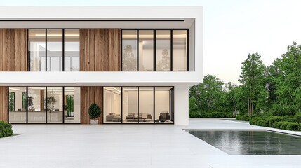 A large white house with a pool and a large tree in front of it. The house is very modern and has a lot of glass windows