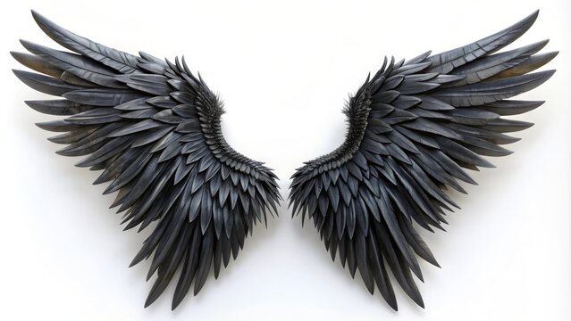 Pair of black angel wings stand up on a white background, showing intricate detail in the feathers