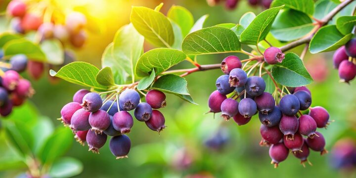 Saskatoon serviceberry fruit ripening on a branch in the garden