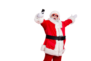 Portrait of his he nice attractive cheerful cheery positive glad friendly hospitable bearded Santa pouted lips taking making selfie blog blogger isolated over bright vivid shine red background