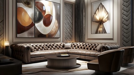 Luxurious modern living room interior design featuring a large tufted brown leather sectional sofa abstract geometric art on the walls
