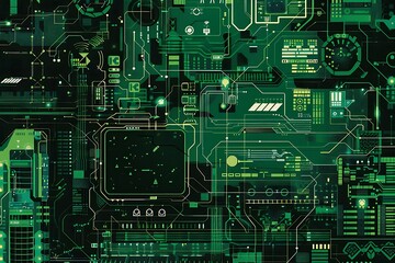 Fototapeta premium Complex electronic circuit board displays intricate pathways and glowing digital data nodes across a dark green technical background for computing technology.