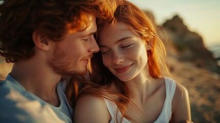 Fototapeta premium Close up portrait of redhead man and woman model couple on the beach feeling lovely