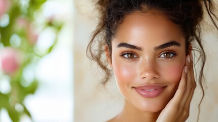 Naklejka premium A woman with brown hair and brown eyes is smiling and has her hand on her face. She is wearing makeup and has a pinkish tint to her lips
