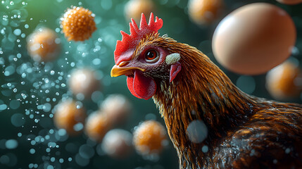 A detailed portrait of a chicken amidst floating eggs, showcasing the beauty of farm life and poultry dynamics.