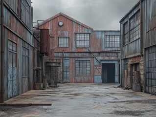 Fototapeta premium industrial-style buildings with rugged designs, standing in a quiet urban area with no human presence