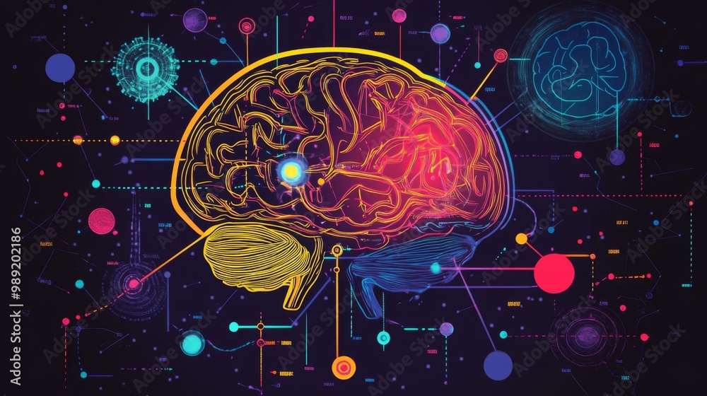 Aufkleber A vibrant brain infographic displaying different areas and their functions, set against a clean background, making complex information visually engaging