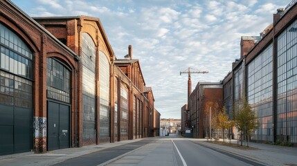 industrial-style buildings with steel and brick exteriors, captured from street level with no human activity around