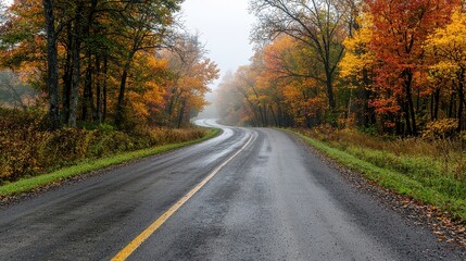 Obraz premium A road with trees on both sides and a yellow line. The road is wet and the leaves are falling