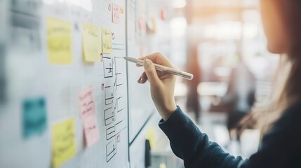 person writing goals on a whiteboard or planner and checking them off as completed. 
