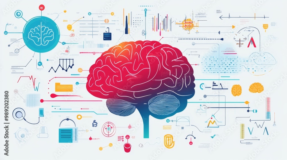 Aufkleber A vibrant brain infographic displaying different areas and their functions, set against a clean background, making complex information visually engaging