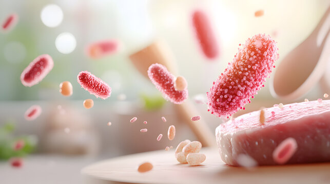 Bacteria floating above a piece of meat, illustrating food safety concerns and contamination in culinary environments.