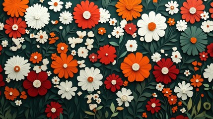 A vibrant floral pattern with red, orange and white paper flowers on a dark green background.