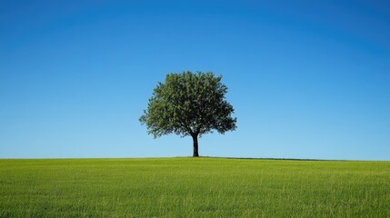 large tree standing alone in an open field, surrounded by green grass, with a clear blue sky above