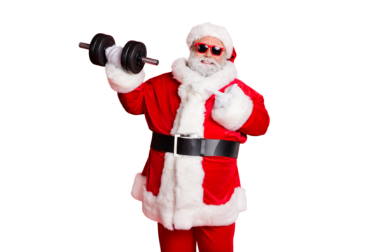 Portrait of cheerful cheery confident funky fat overweight plump gray-haired bearded man demonstrating biceps triceps athlete body building isolated over bright vivid shine red background