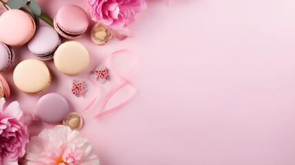 Obraz premium Pink Background with Macarons, Roses & Ribbons
