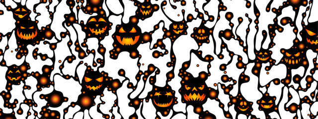 Abstract Halloween background. The pattern is a chaotic spider. Scary pumpkin, faces. Mask symbols. Emojis. A poster for holidays, presentations, and advertising. Vector