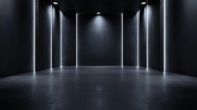 A large, empty room with a black floor and white walls. The room is lit by a series of lights, creating a stark and minimalist atmosphere