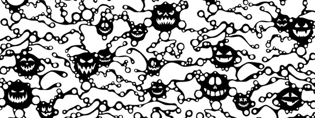 Abstract Halloween background. The pattern is a chaotic spider. Scary pumpkin, faces. Mask symbols. Emojis. A poster for holidays, presentations, and advertising. Vector