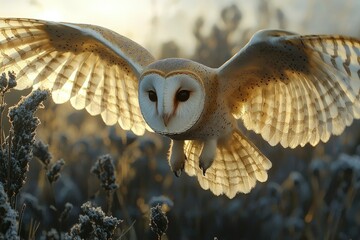 A Barn Owl in Flight with Spread Wings and a Focused Gaze
