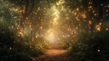Naklejka premium A magical forest where the trees' leaves glow softly, lighting up the path through the dense underbrush with a calming, ethereal light.